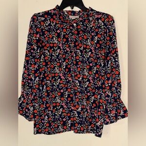LOFT Navy Floral Print 3/4 Sleeves Blouse